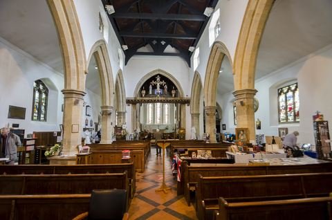 The interior of St Peter and St Paul, Caistor, looking east along the nave towards the chancel arch and the east window